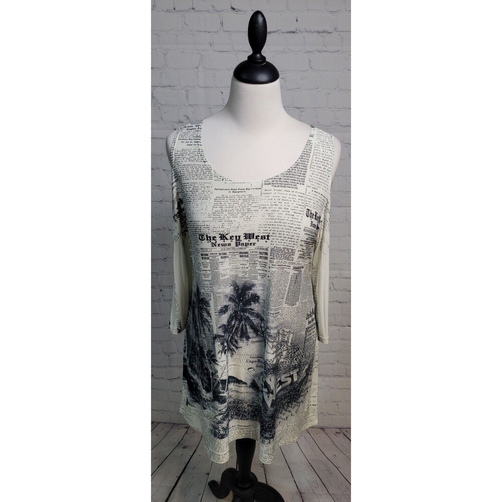 Sue Who? Originals Key West Newspaper Tunic Sz M Cold Shoulder Art to Wear USA